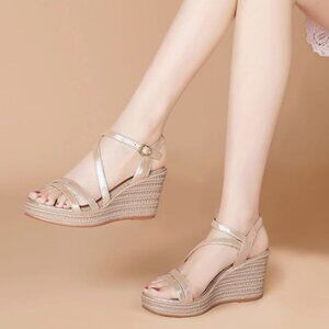 YDN Gold Platform Wedge Espadrilles Sandals Open Toe Ankle Strap High Heels Shoe
